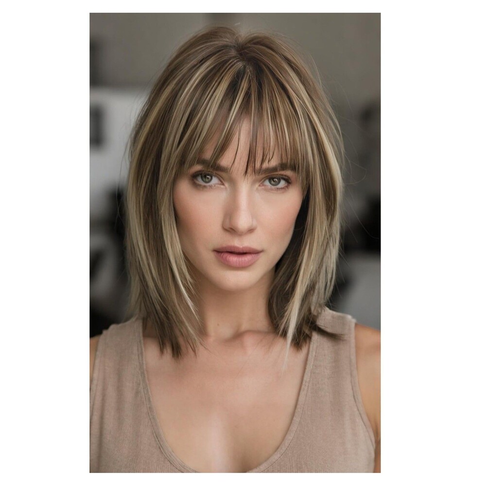HOOJIH 100% Human Hair Topper + Bangs Clip In Lace Base Crown Toupee Highlights
